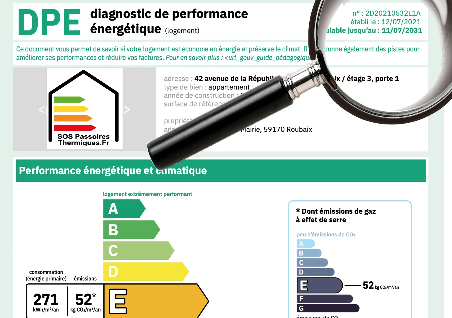 Exemple de localisation du numéro ADEME sur un DPE